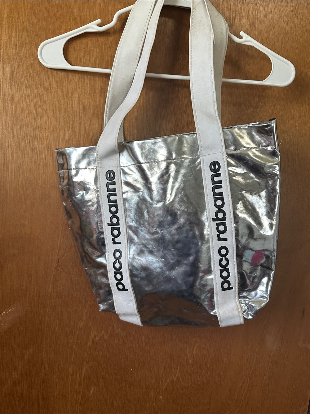Paco Rabanne Metallic Silver Tote with White Branded Straps